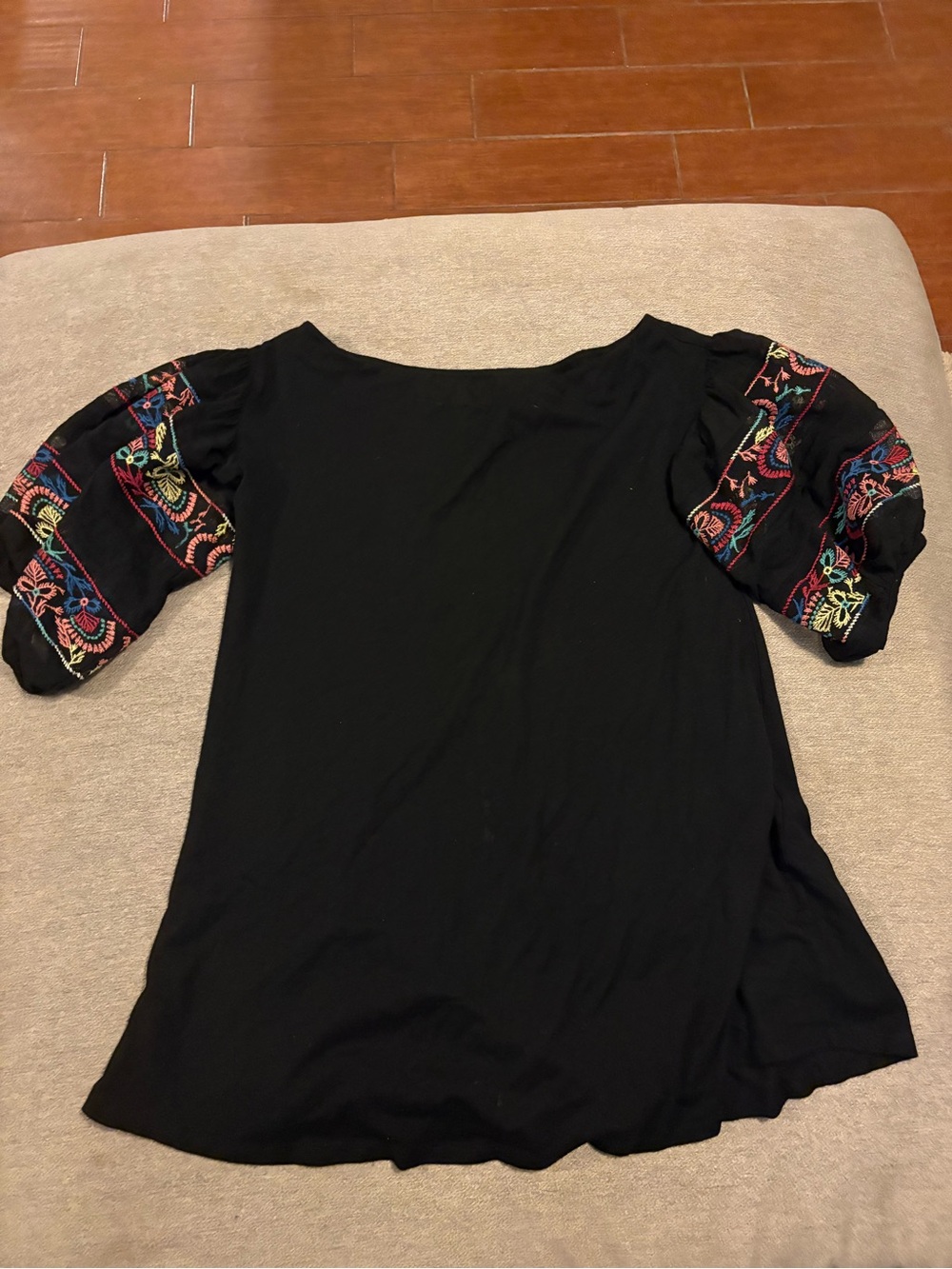 Umgee Black Tunic with Multicolor Embroidered Puff Sleeves